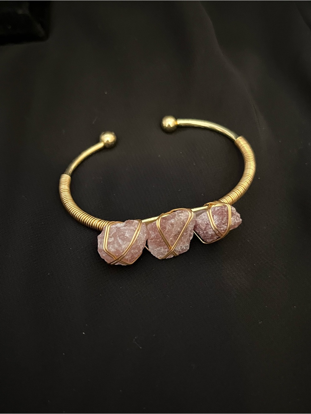 Gold Cuff Bracelet with Strawberry Quartz Clusters